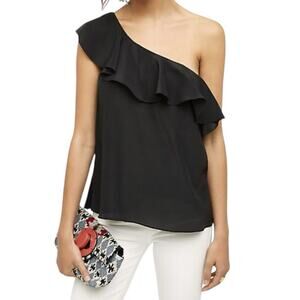 Anthropologie Maeve Size 14 Black 100% Silk One shoulder Ruffle Blouse Top - USA